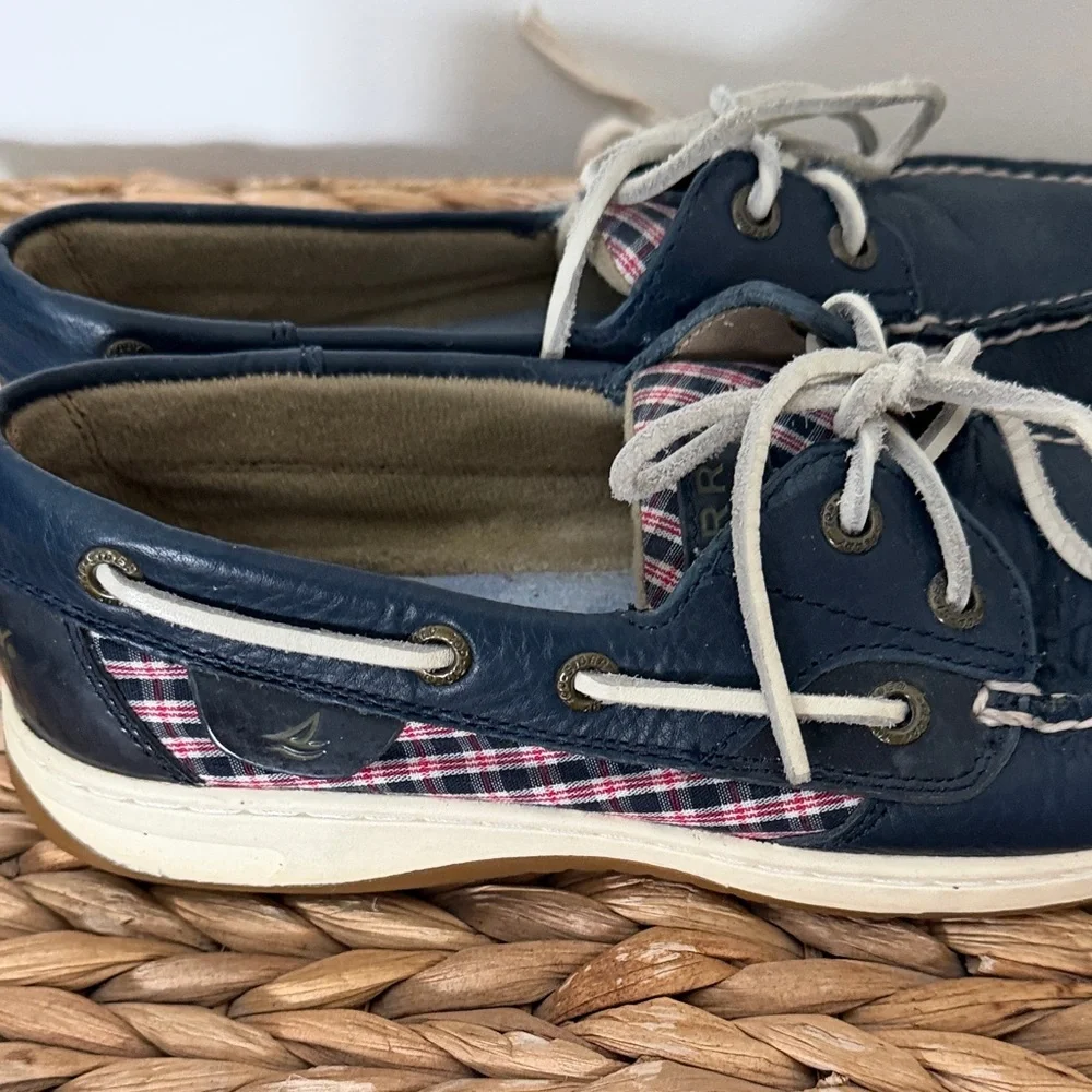Sperry Topsider Navy Blue Boat Shoes with Plaid Detail GUC - Picture 3 of 5